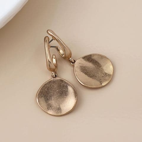 GOLD PLATE WORN DISC DROP EARRINGS