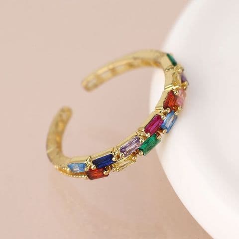 GOLD PLATED OPEN BAND RAINBOW CRYSTAL RING