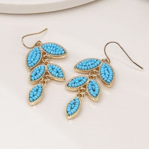 GOLDEN & BLUE BEAD LEAF DROP EARRINGS