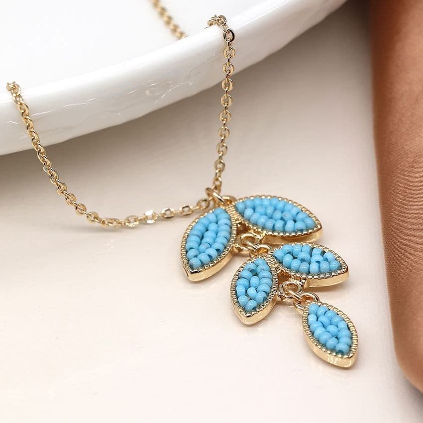 GOLDEN & BLUE BEAD LEAF DROP NECKLACE