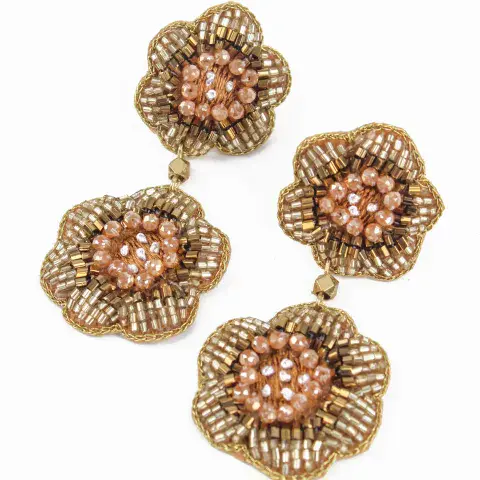 GOLDEN COLOUR BEADED EMBROIDERY FLOWER EARRINGS