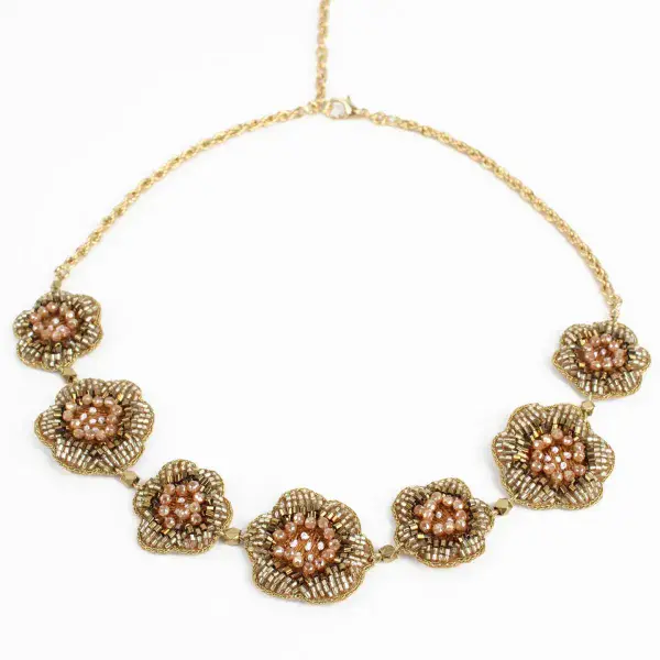 GOLDEN COLOUR BEADED EMBROIDERY FLOWER NECKLACE