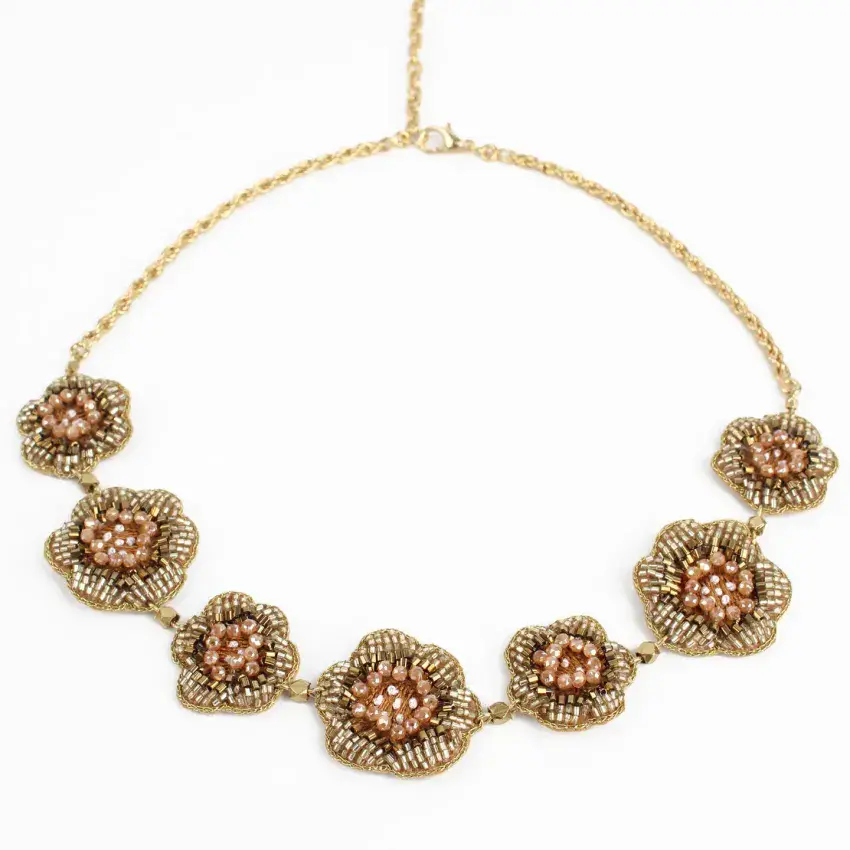 GOLDEN COLOUR BEADED EMBROIDERY FLOWER NECKLACE