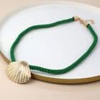GOLDEN GREEN CORD CLAM SHELL NECKLACE