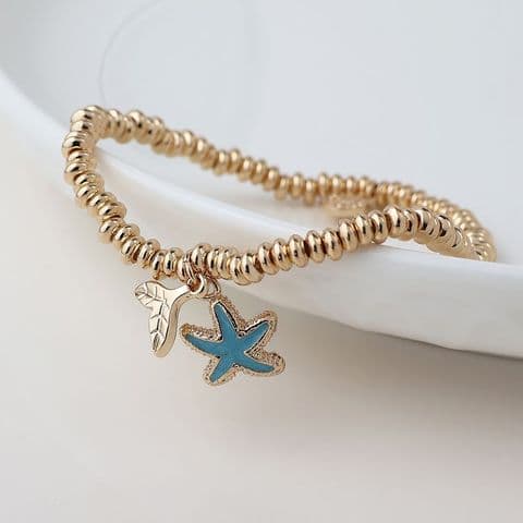 GOLDEN WHALE TAIL & BLUE STARFISH CHARM BRACELET