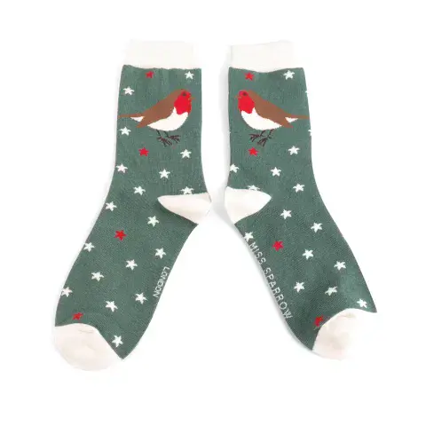 GREEN FESTIVE ROBIN BAMBOO SOCKS