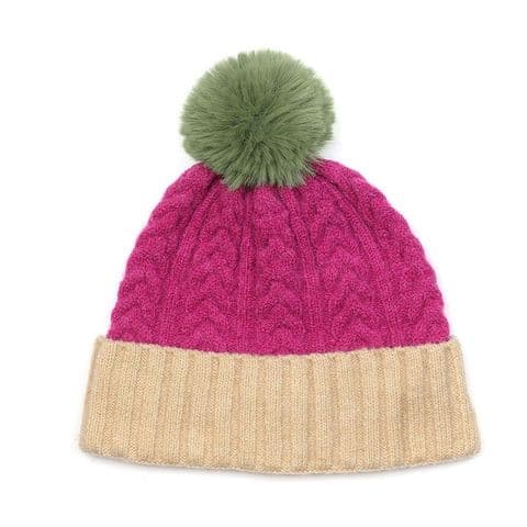 GREEN, MAGENTA & CREAM COLOUR BLOCK POMPOM HAT