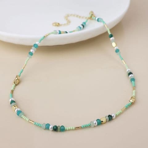 GREEN MIX TRIPLE BRACELET STACK W PEARL