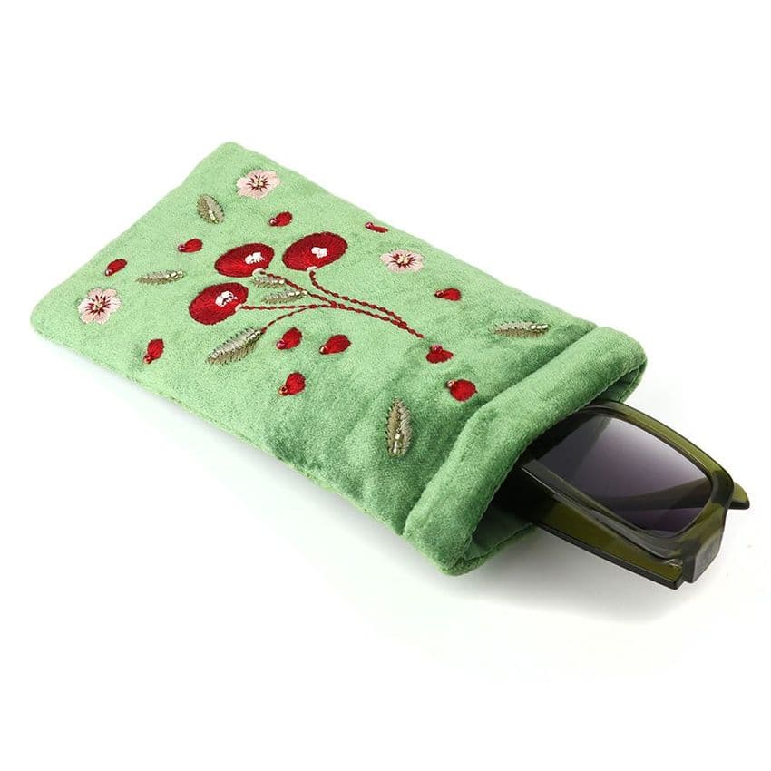 GREEN VELVET CHERRIES GLASSES CASE