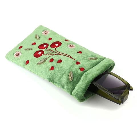 GREEN VELVET CHERRIES GLASSES CASE