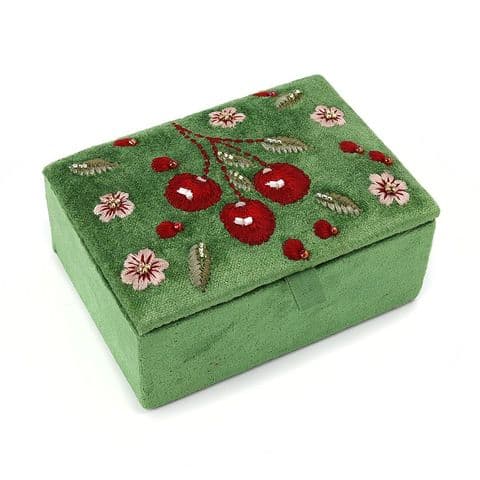GREEN VELVET CHERRIES JEWELLERY BOX