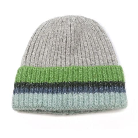 GREY BLUE GREEN RIBBED BEANIE HAT