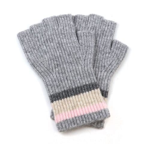 GREY RECYCLED BLEND STRIPED WRIST FINGERLESS GLOVES