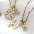 HAMMERED INTIAL AND CRYSTAL CHARM VINTAGE GOLD NECKLACE C