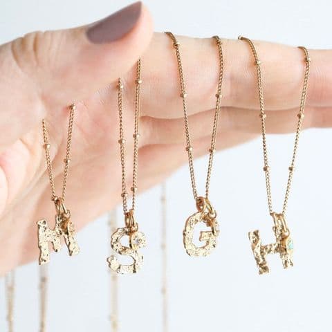 HAMMERED INTIAL AND CRYSTAL CHARM VINTAGE GOLD NECKLACE C