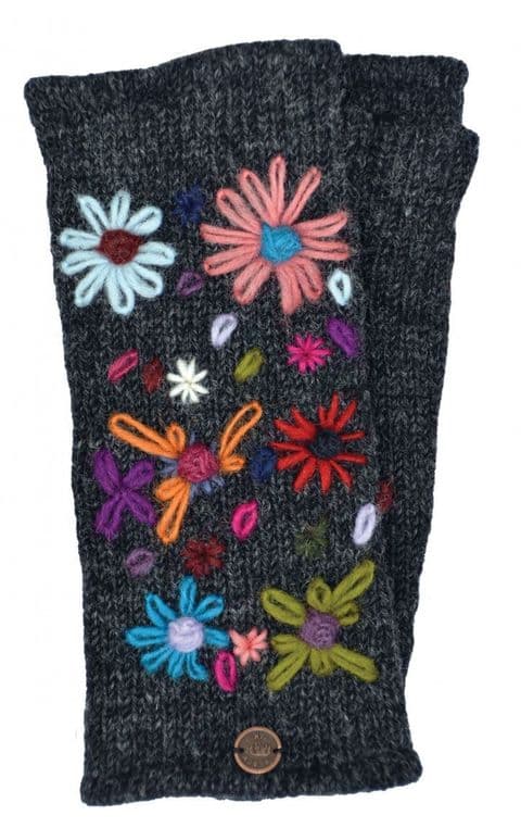 HAND EMBROIDERED FLOWER WOOL FLEECE LINED WRISTWARMER