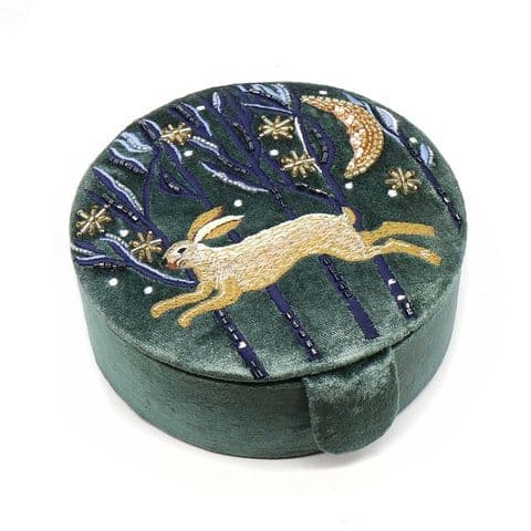 HARE ROUND EMBROIDERED VELVET JEWELLERY BOX