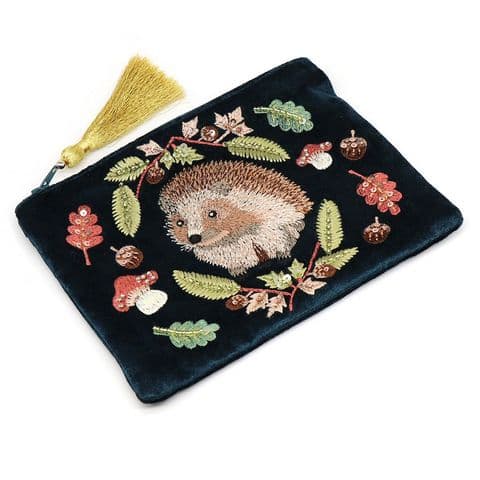 HEDGEHOG EMBROIDERED VELVET ZIP UP PURSE