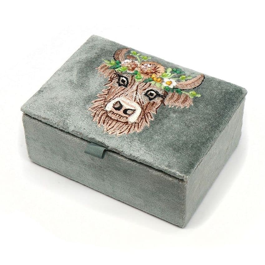 HIGHLAND COW EMBROIDERED JEWELLERY BOX