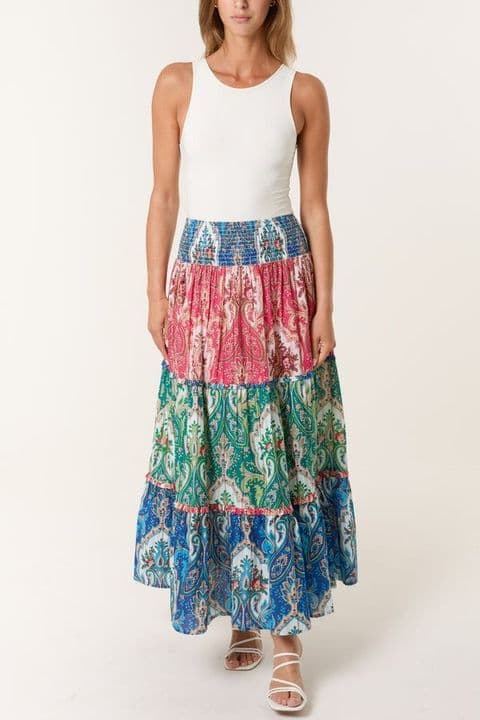 IKAT PRINT TIERED SHIRRED MAXI SKIRT