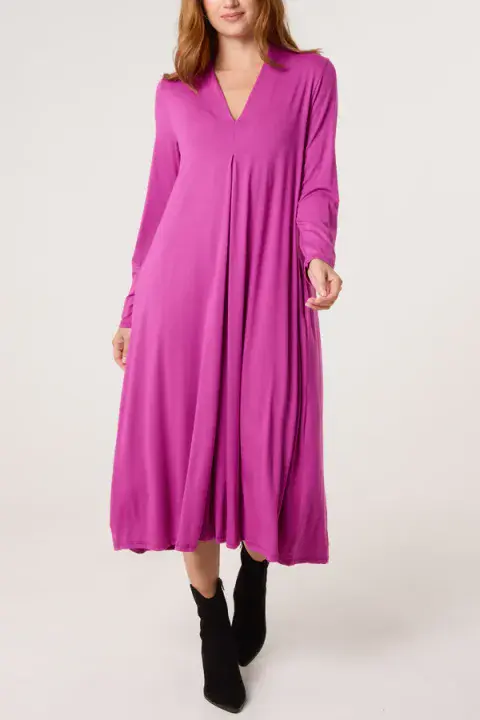JERSEY V NECK LONG SLV MIDI DRESS