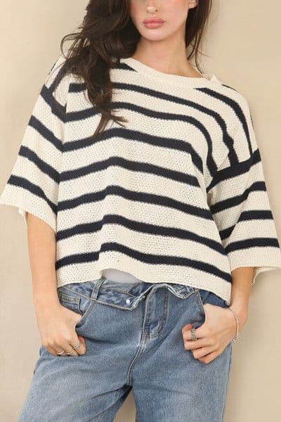 KNITTED STRIPE 3/4 SLEEVE JUMPER TOP