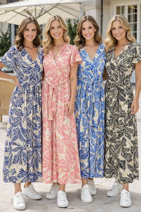 LEAF GOLD CROSSOVER BELTED MAXI DRESS