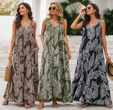 LEAF PARACHUTE  V COTTON MAXI DRESS BLK
