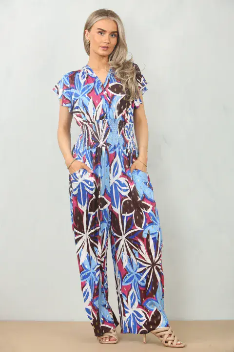 LEAF PRINT GATHERED JUMPSUIT