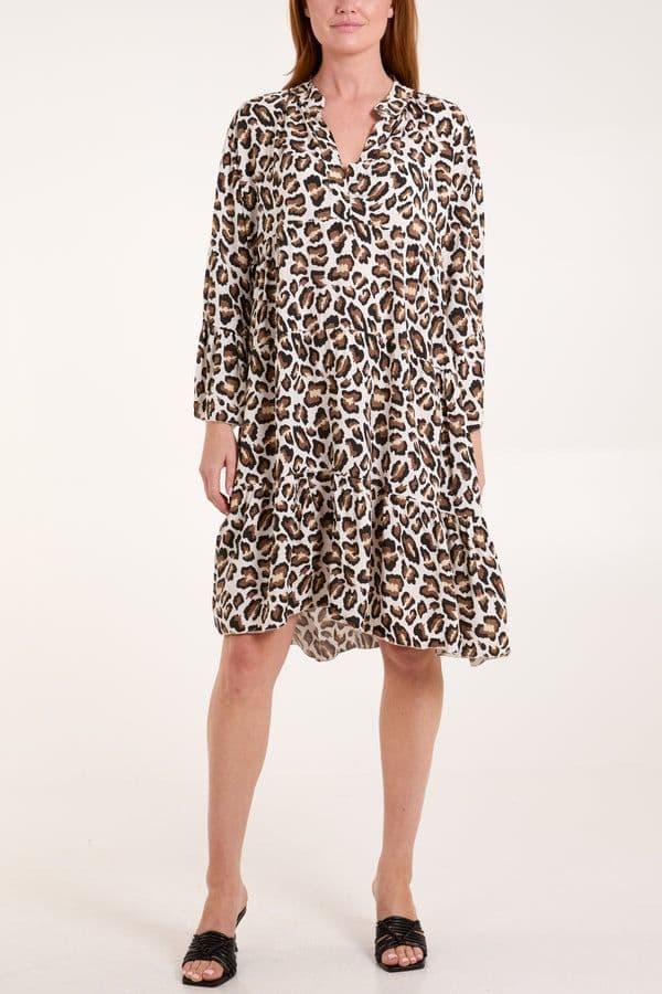 LEOPARD PRINT TIERED MIDI DRESS STONE