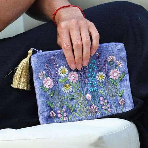 LILAC BLUE VELVET MULTI FLOWER MEADOW PURSE