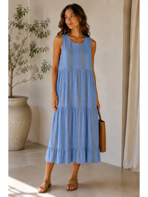 LINEN COTTON SLEEVELESS TIERED MAXI DRESS IN BLUE
