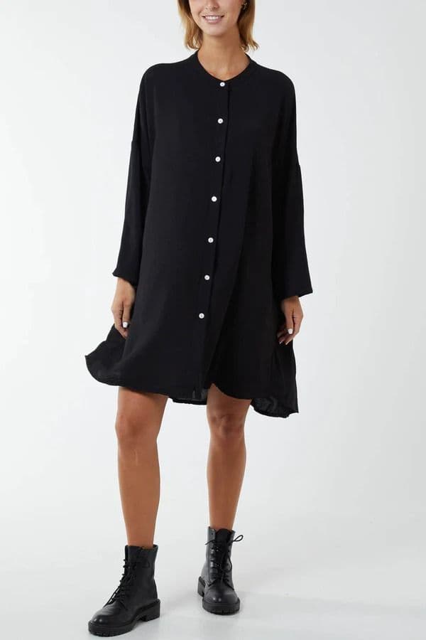 LONG SLEEVE BUTTON DOWN MIDI DRESS BLACK