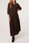 LONG SLV PLEATED MAXI DRESS W POCKETS