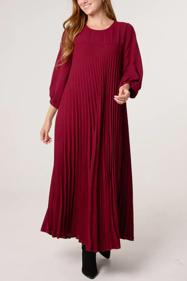 LONG SLV PLEATED MAXI DRESS W POCKETS