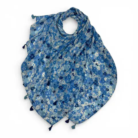 MEADOW FLORAL PRINT SCARF WITH TASSELS IN BLUE