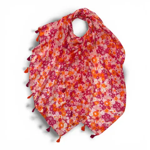MEADOW FLORAL PRINT SCARF WITH TASSELS IN RED
