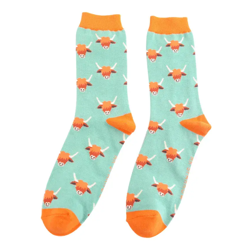 MENS HIGHLAND COW BAMBOO SOCKS AQUA