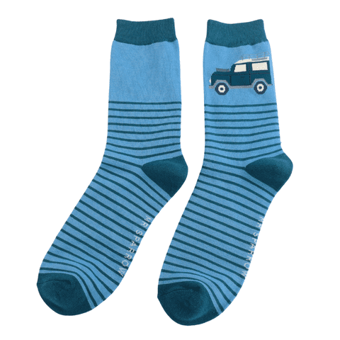 MENS LIGHT BLUE JEEP AND STRIPES BAMBOO SOCKS
