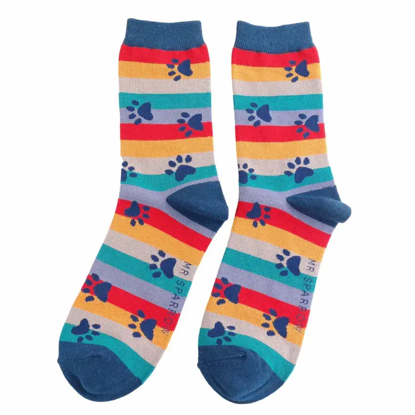 MENS PAW PRINTS & STRIPES NAVY BAMBOO SOCKS