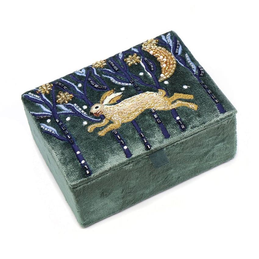 MIDNIGHT GREEN LEAPING HARE EMBROIDERED  PURSE