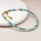 MIXED AQUA BLUE. PEARL & GOLD BEAD BLET