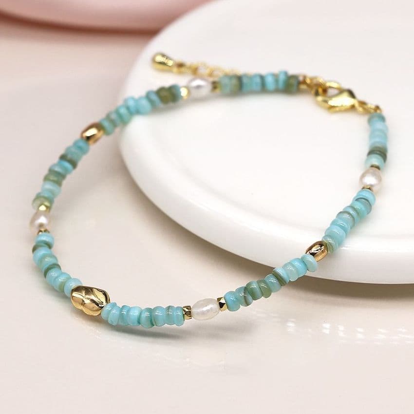 MIXED AQUA BLUE. PEARL & GOLD BEAD BLET