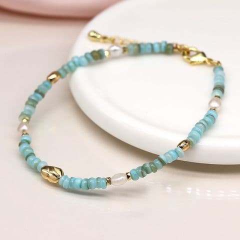 MIXED AQUA BLUE. PEARL & GOLD BEAD BLET