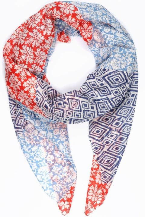 MIXED FLORAL & DIAMOND PRINT COTTON SCARF BLUE / RED