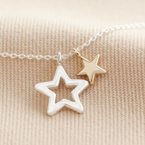 MIXED METAL DOUBLE STAR NECKLACE