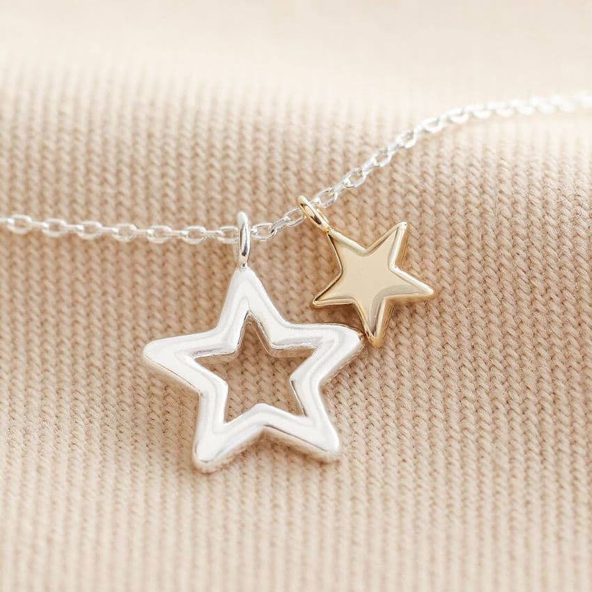 MIXED METAL DOUBLE STAR NECKLACE