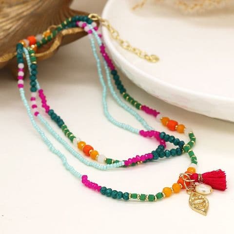 MULTI COLOUR MIX BEADED LONG NECKLACE WITH FRESHWATER PEARL, TASSEL AND 'EVIL EYE'