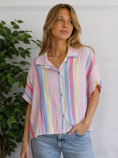 MULTI-COLOUR STRIPE COTTON SHIRT IN WHITE