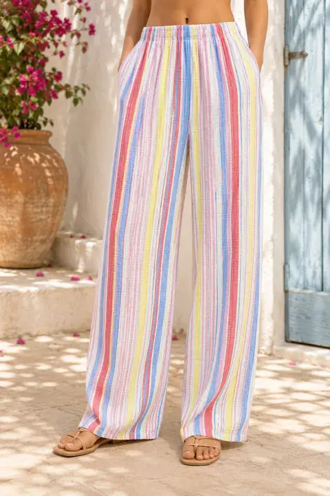 MULTI-COLOUR STRIPE COTTON WIDE LEG TROUSERS